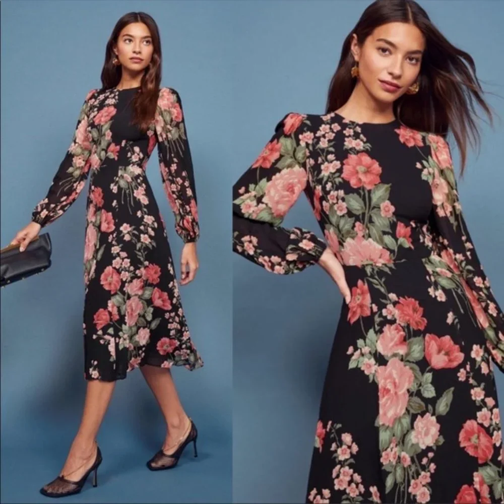 Reformation Luanne Midi in Louise Black Floral - Sz 2 - Picture 2 of 7